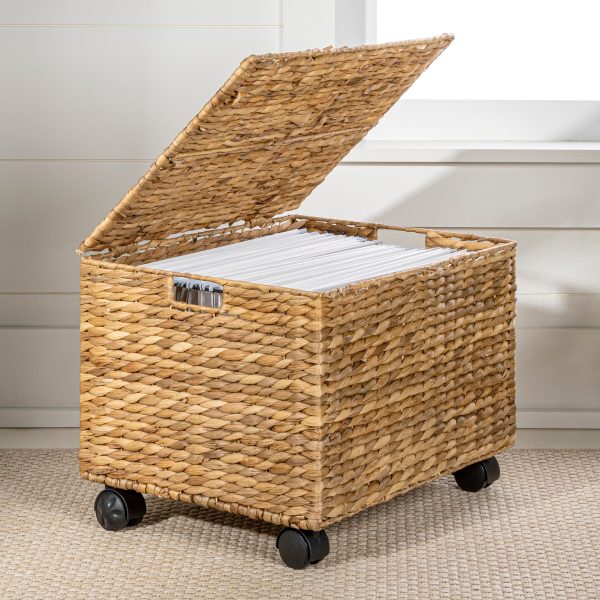 Ashton 18.11 Classic Farmhouse Handwoven Hyacinth Rolling Filing Basket with Lid and 360 Degree Lockable Wheels