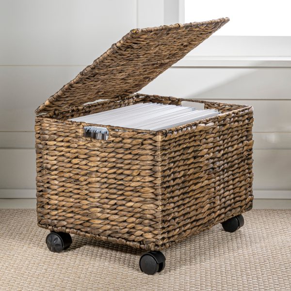 Ashton 18.11 Classic Farmhouse Handwoven Hyacinth Rolling Filing Basket with Lid and 360 Degree Lockable Wheels