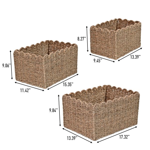Arden Coastal Cottage Seagrass Scalloped Rectangular Organizing Storage Baskets (Set of 3)