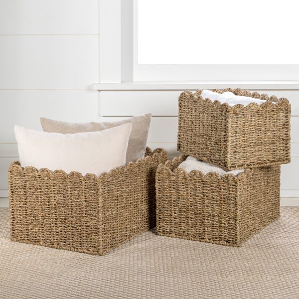 Arden Coastal Cottage Seagrass Scalloped Rectangular Organizing Storage Baskets (Set of 3)