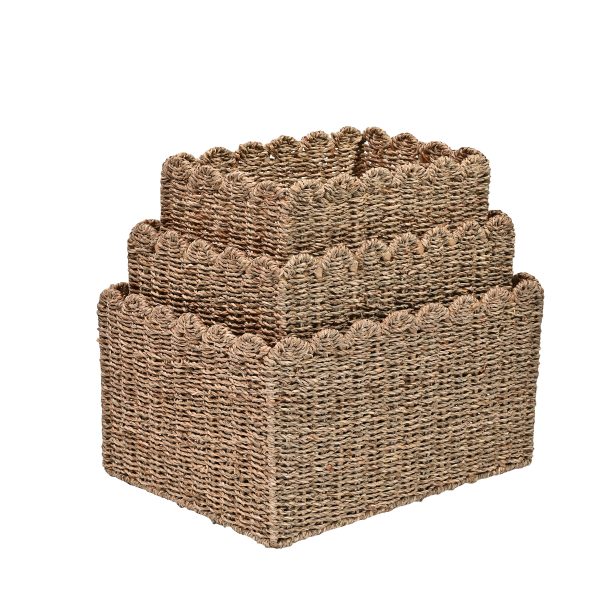 Arden Coastal Cottage Seagrass Scalloped Rectangular Organizing Storage Baskets (Set of 3)
