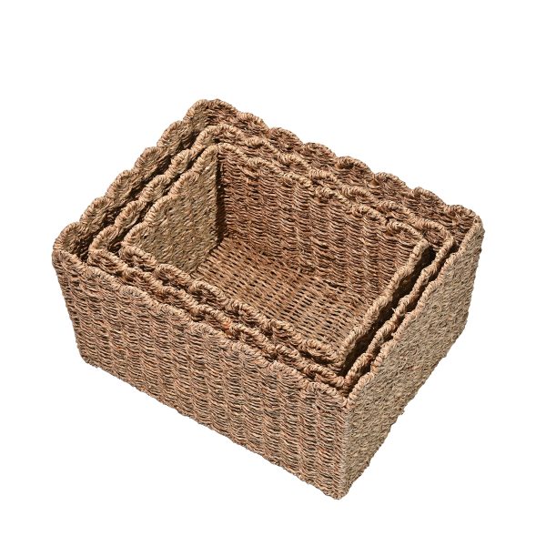 Arden Coastal Cottage Seagrass Scalloped Rectangular Organizing Storage Baskets (Set of 3)